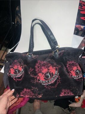 Juicy Couture Black Tote with Pink Crest Logo Pattern